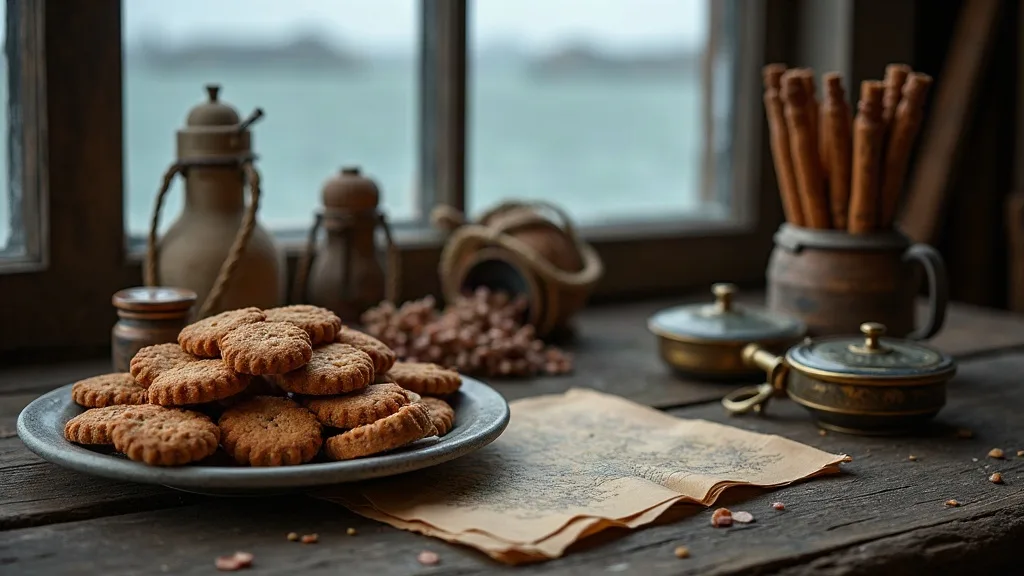 Biscuits de mer empilés sur une assiette d'étain, pois secs et carte marine sur la table de bois usée, près de la fenêtre.