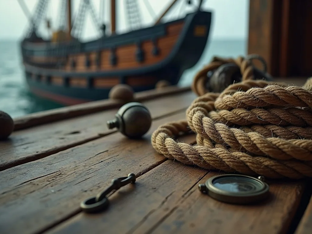 Cordage enroulé sur le pont en bois usé d'un navire, avec boussole et chaîne à proximité.