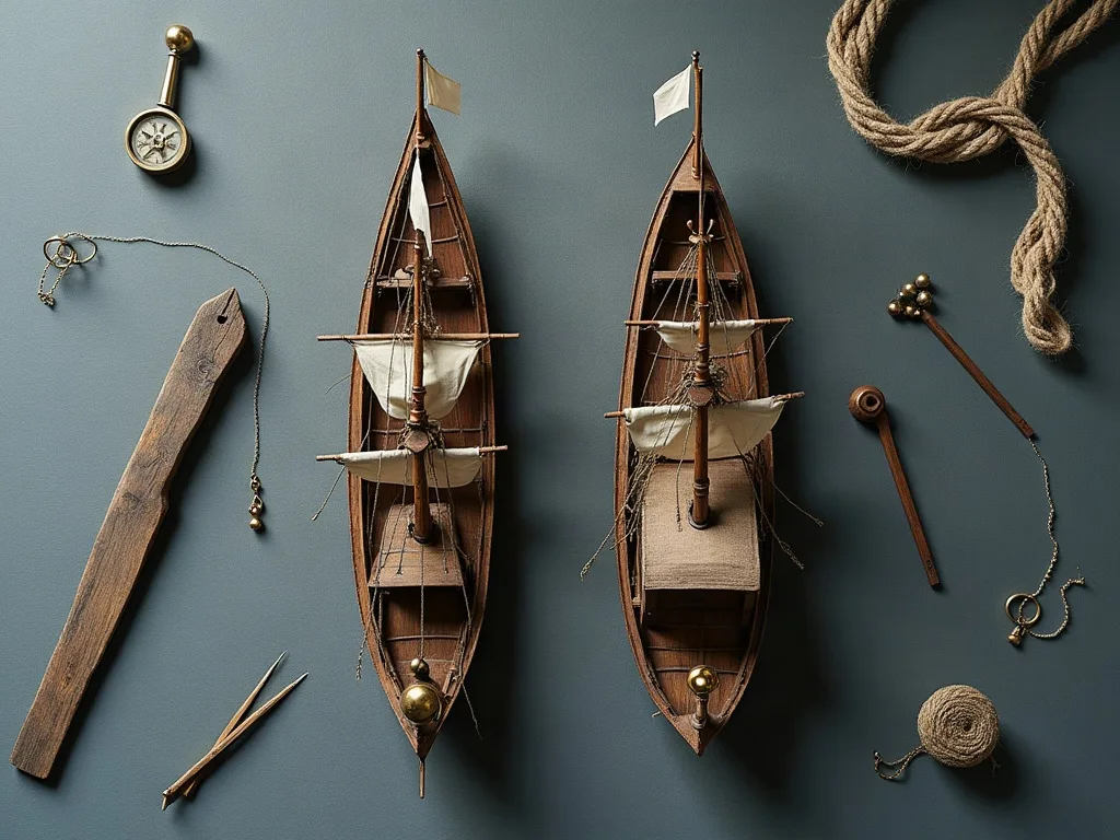 Deux maquettes de barques en bois vues de dessus, gréées de voiles en toile, entourées de cordage, pinces et fil de lin.