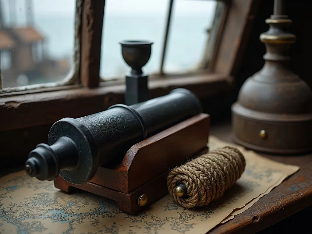 Canon miniature en fonte sur affût de bois, rouleau de cordage et carte marine posés près d'une fenêtre.