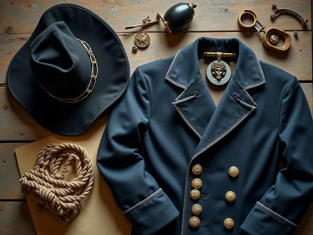 Trois pièces suffisent pour la silhouette du capitaine: manteau bleu marine à boutons dorés, tricorne noir et médaillon à tête de mort.
