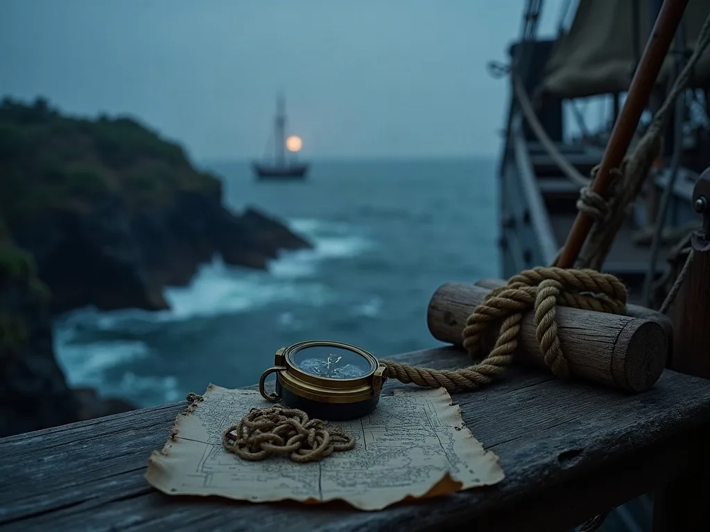 Boussole et carte marine posées sur le pont d'un navire face à la côte rocheuse et la mer agitée du crépuscule.