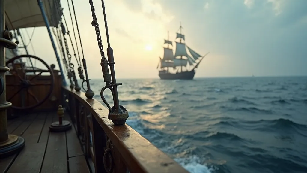 Vue depuis le pont d'un navire avec chaînes et bastingage, voilier à trois mâts visible à l'horizon sur une mer calme au lever du jour.