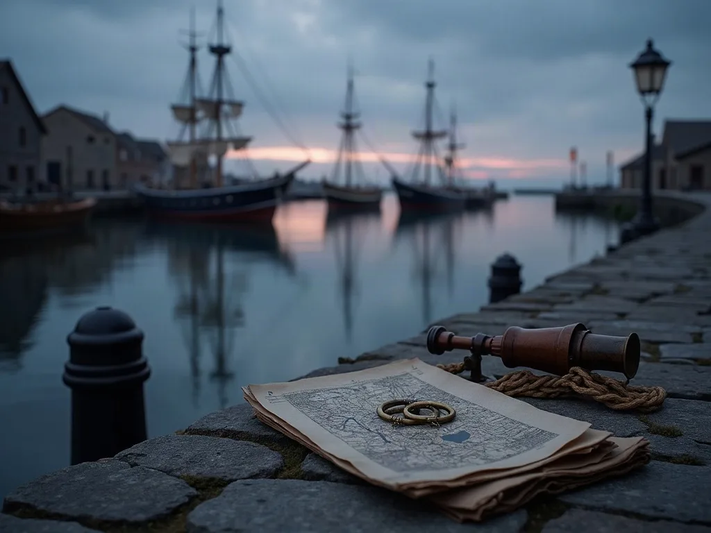 Carte marine et télescope posés sur un quai en pierre face à des navires anciens au crépuscule.