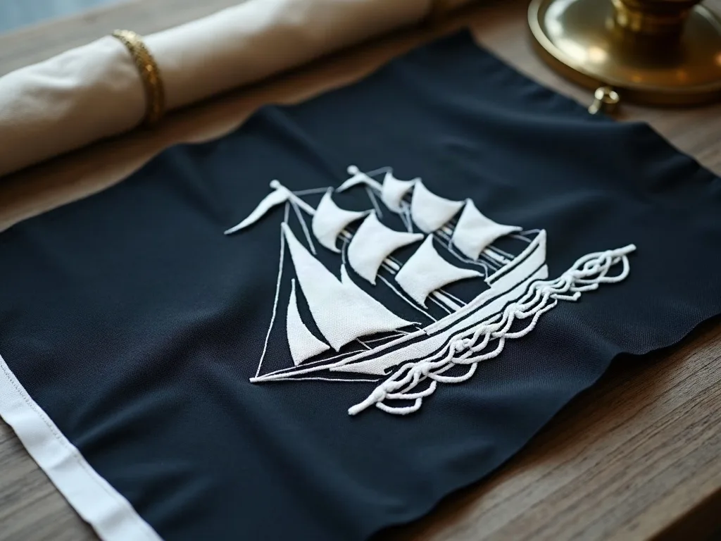 Voilier trois-mâts brodé en fil blanc sur toile bleu marine, bord renforcé et serviette roulée à l'anneau doré.