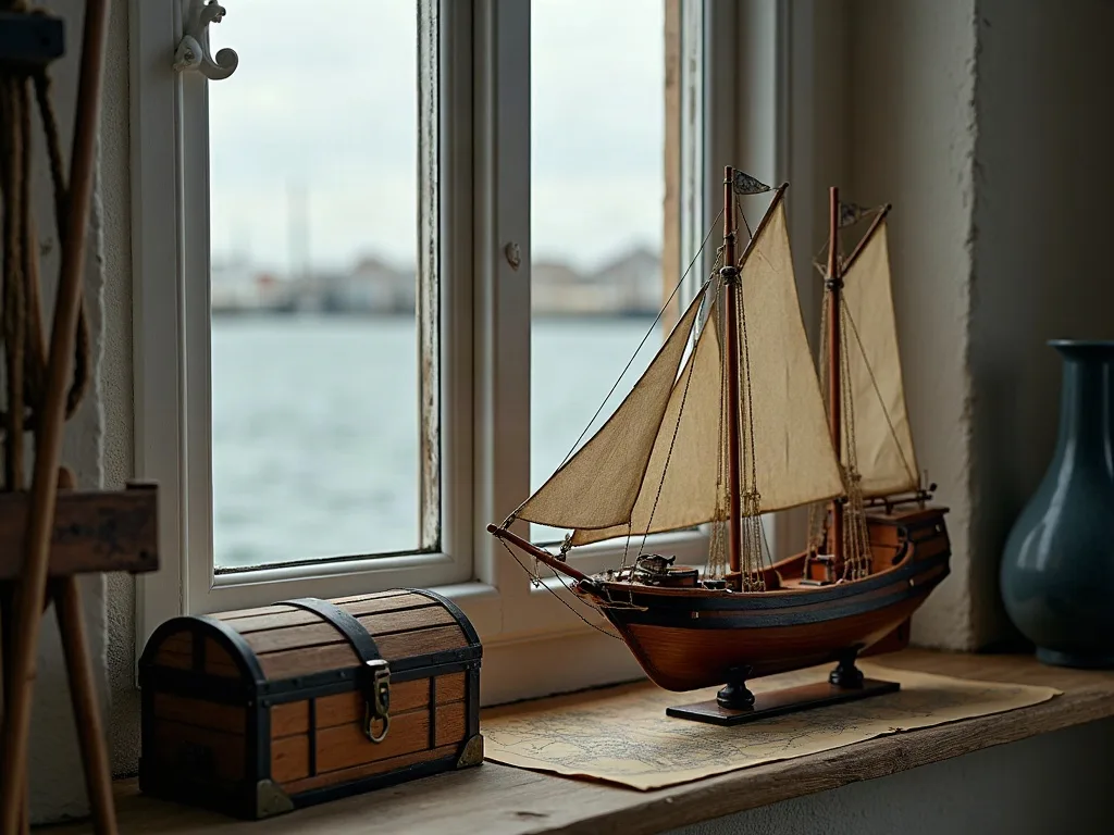 Maquette de goélette et petit coffre à ferrures posés sur un rebord de fenêtre face à l'eau.