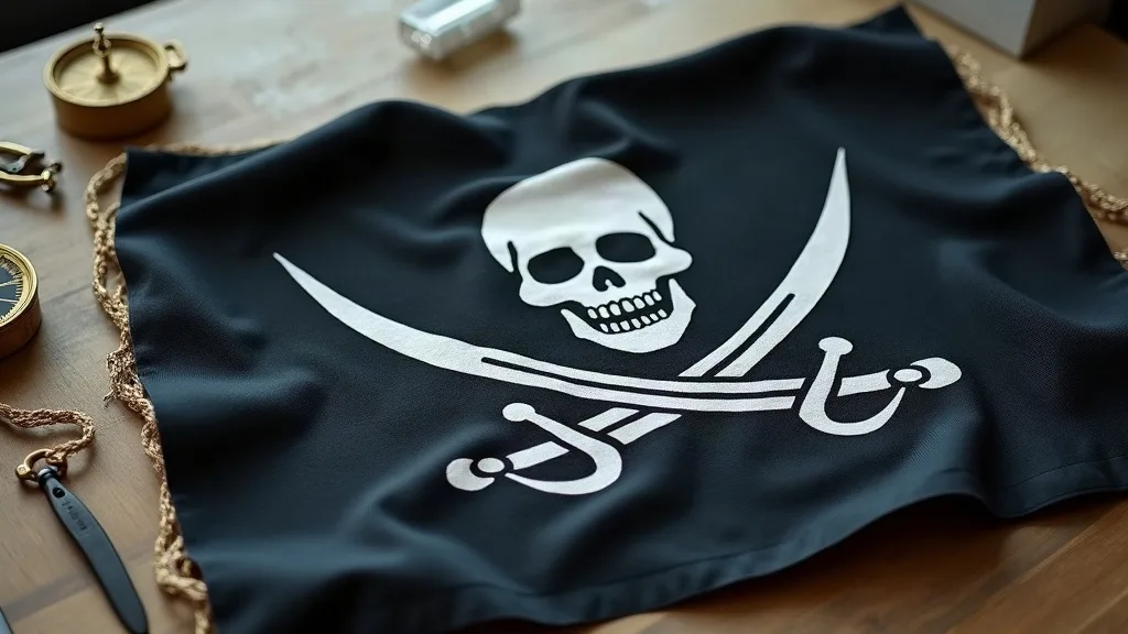 Drapeau noir en polyester étalé sur une table en bois, crâne et sabres croisés imprimés en blanc, bordure de cordelette dorée.