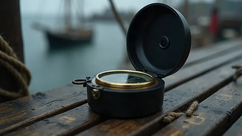 Le compas à clapet, boîtier noir et lunette dorée, posé sur des planches humides face au port.