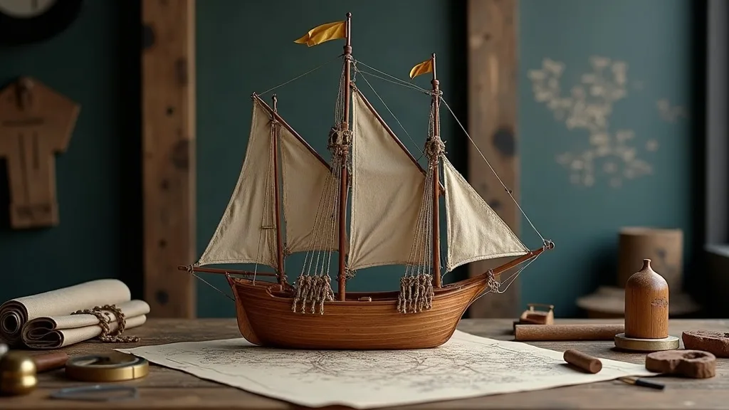 Maquette de nau à coque en bois clair et voiles de toile écrue, posée sur une carte marine, entourée de rouleaux de papier et d'outils d'atelier.