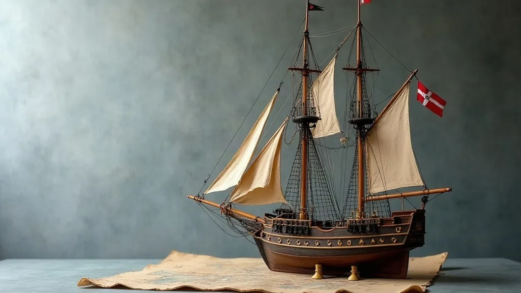 Maquette de voilier à coque bombée, mâts d'un seul tenant et voiles carrées, posée sur une carte marine ancienne.