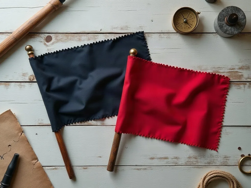 Deux fanions unis, noir et rouge, montés sur hampes de bois sur un plancher blanchi, près d'une boussole en laiton.