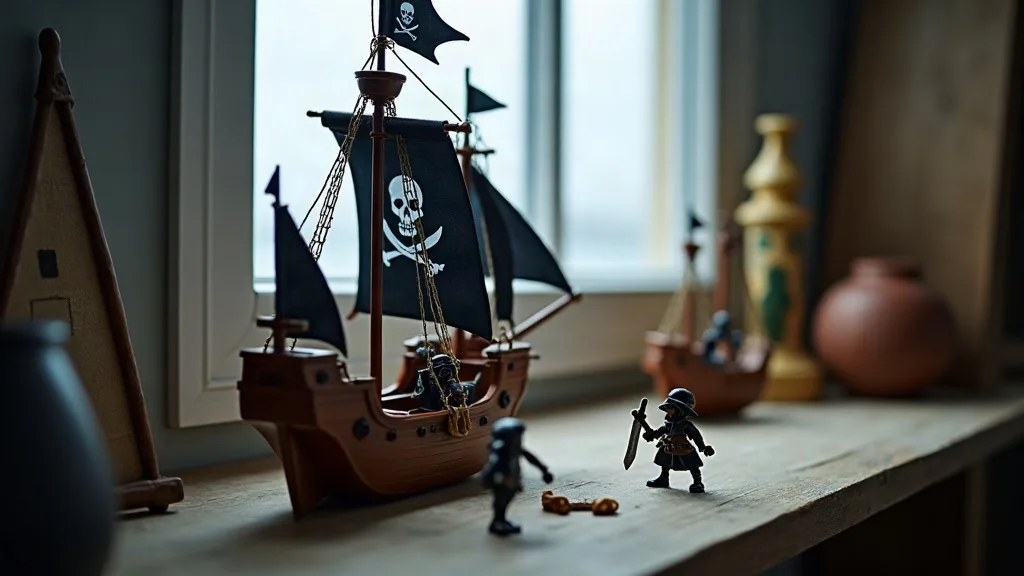 Mât unique, voile noire, figurines à bord: un objet de jeu, à distinguer nettement d'une maquette de navire du XVe siècle.