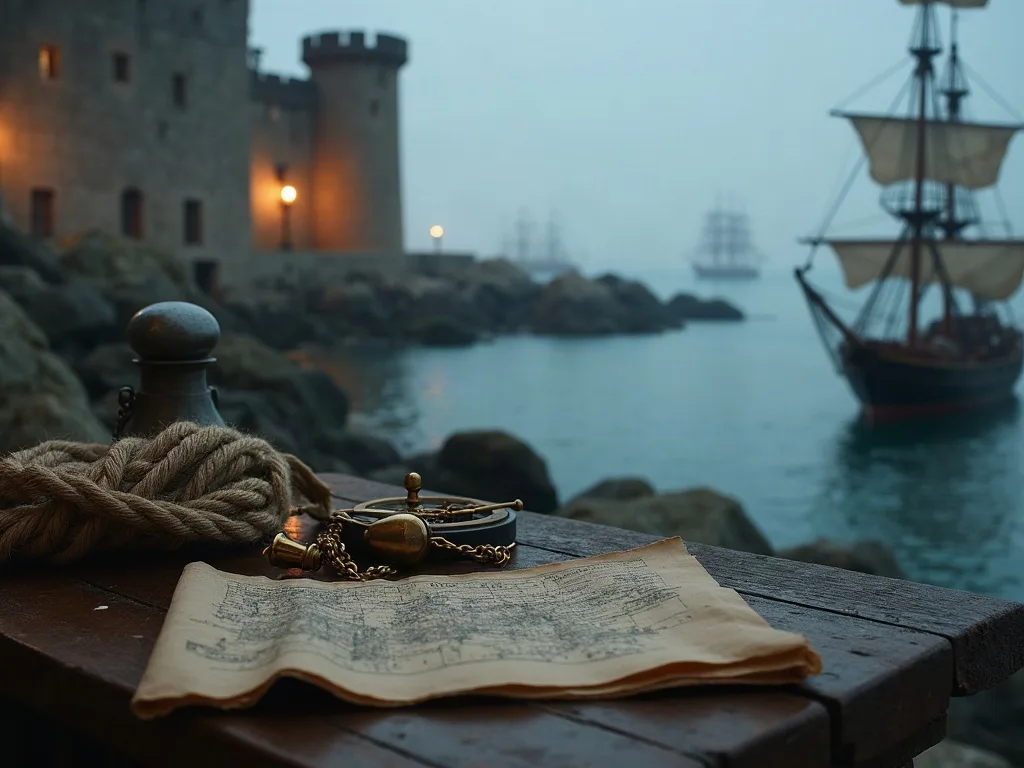 Carte marine, boussole et cordage sur un quai face au château et navire ancien au crépuscule.