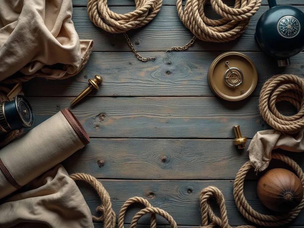 Accessoires nautiques disposés sur bois grisé: cordages enroulés, compas, boussole et tissus beiges rappellent la navigation maritime.