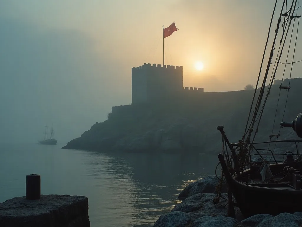 Forteresse médiévale sur falaise rocheuse au lever du soleil, voilier amarré au premier plan et navire en arrière-plan dans le brouillard.