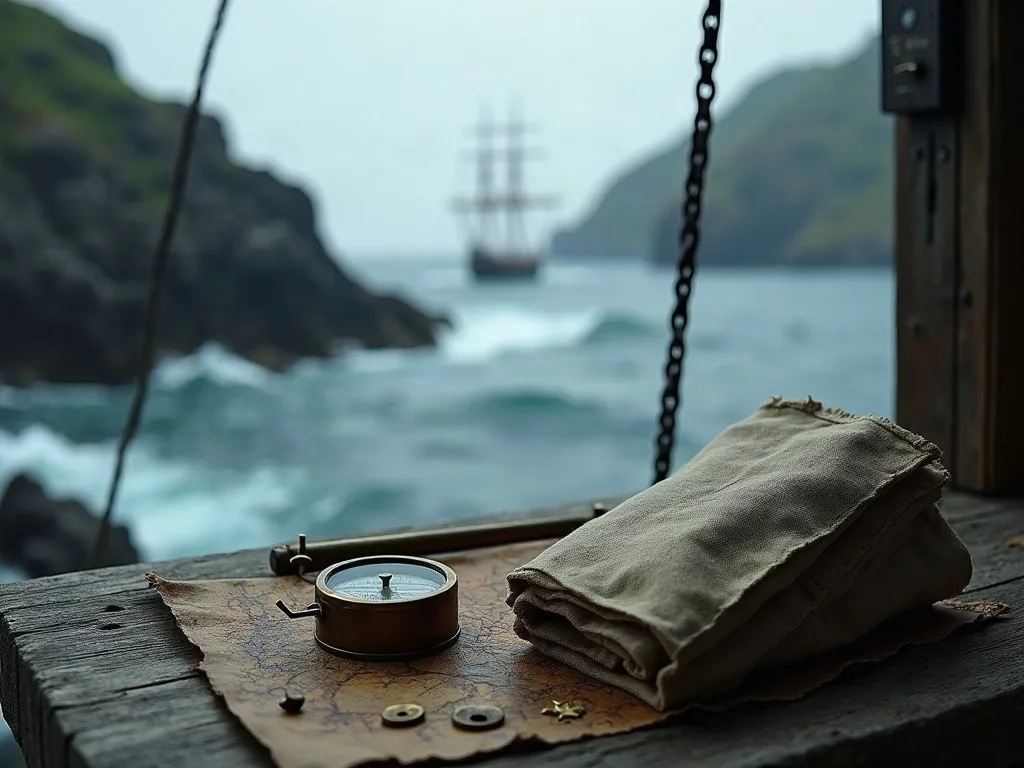 Boussole et tissu usé sur une rambarde en bois face à la mer agitée et une goélette au loin.
