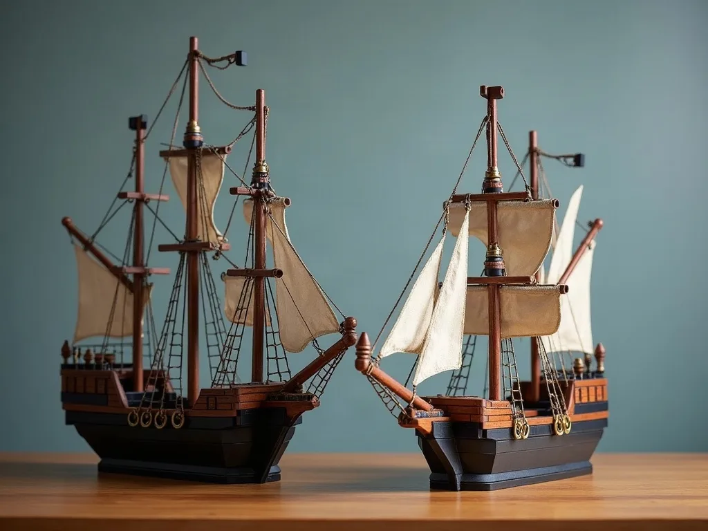 Deux voiliers pirates miniatures se font face sur un plan de travail en bois, gréement et voiles de toile détaillés.