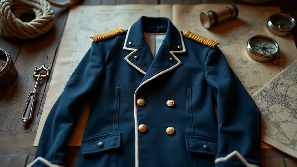 Veste d'officier bleu marine à passementerie claire, boutons dorés et épaulettes tressées, posée à plat près d'une boussole et de cartes marines.