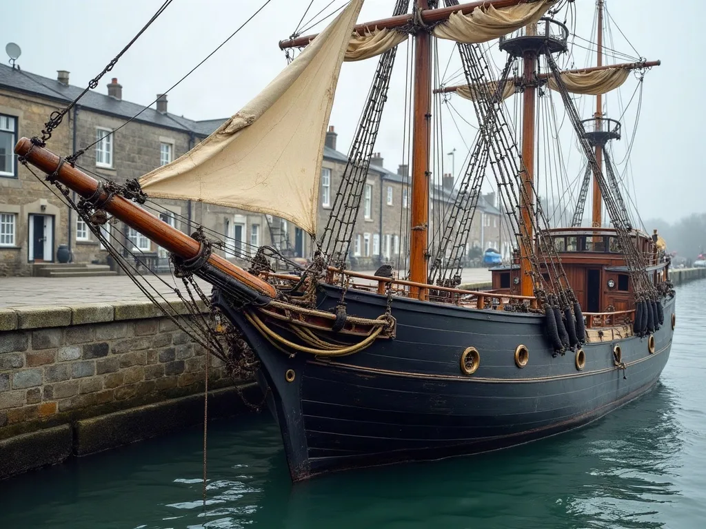 Voilier caboteur en bois à coque sombre amarré le long d'un quai de pierre, beaupré et voiles écrues sous un ciel brumeux.