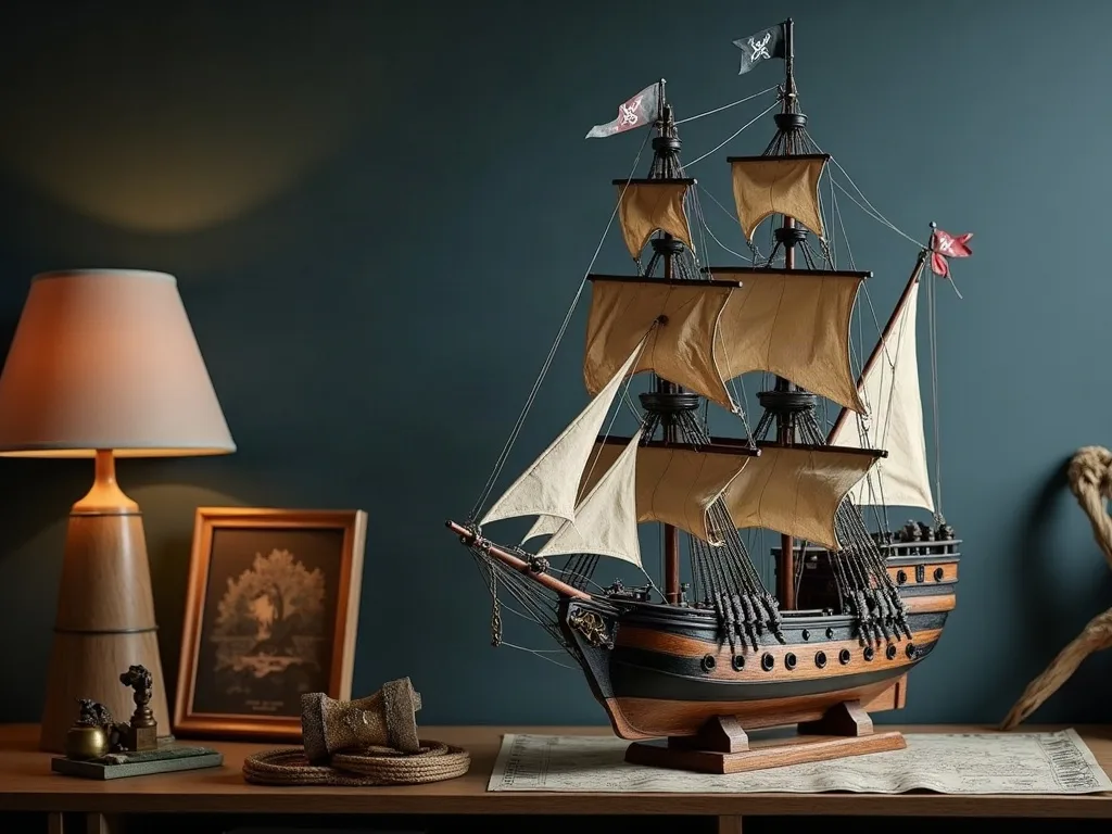 Maquette de trois-mâts pirate sur socle en bois, beaupré reculé du bord de l'étagère, éclairée par une lampe latérale.
