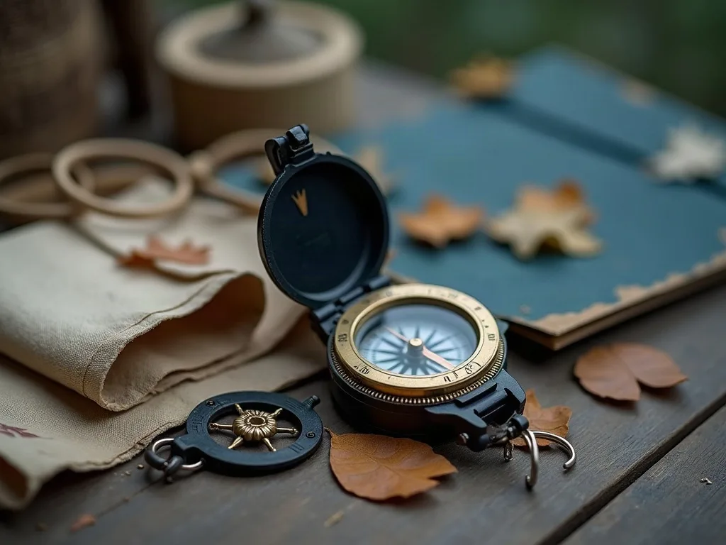 Boussole de poche à couvercle ouvert et cadran cerclé de laiton, posée sur une table en bois près d'un carnet bleu et de feuilles mortes.