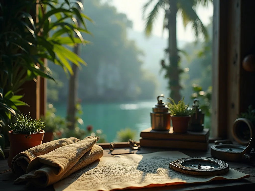 Cartes géographiques, compas et plantes vertes sur un bureau avec vue sur un lac tropical entre les arbres.