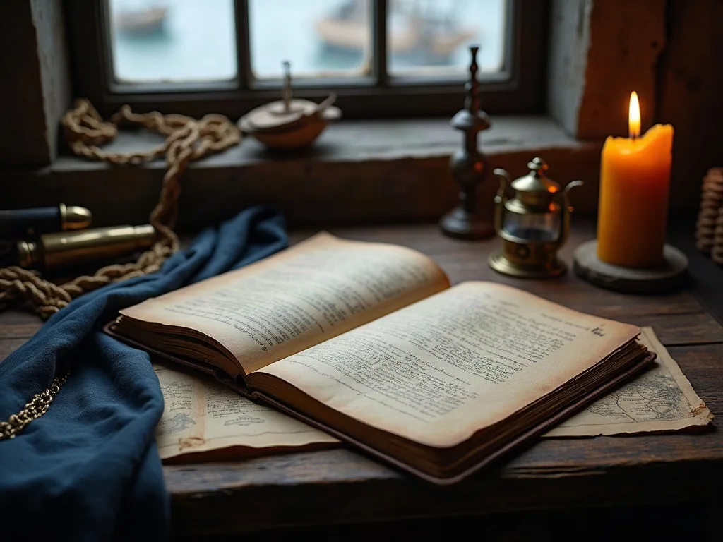 Registre manuscrit ouvert sur une table de bois, près d'une bougie allumée, d'une lanterne de laiton et d'un cordage, devant la fenêtre du port.
