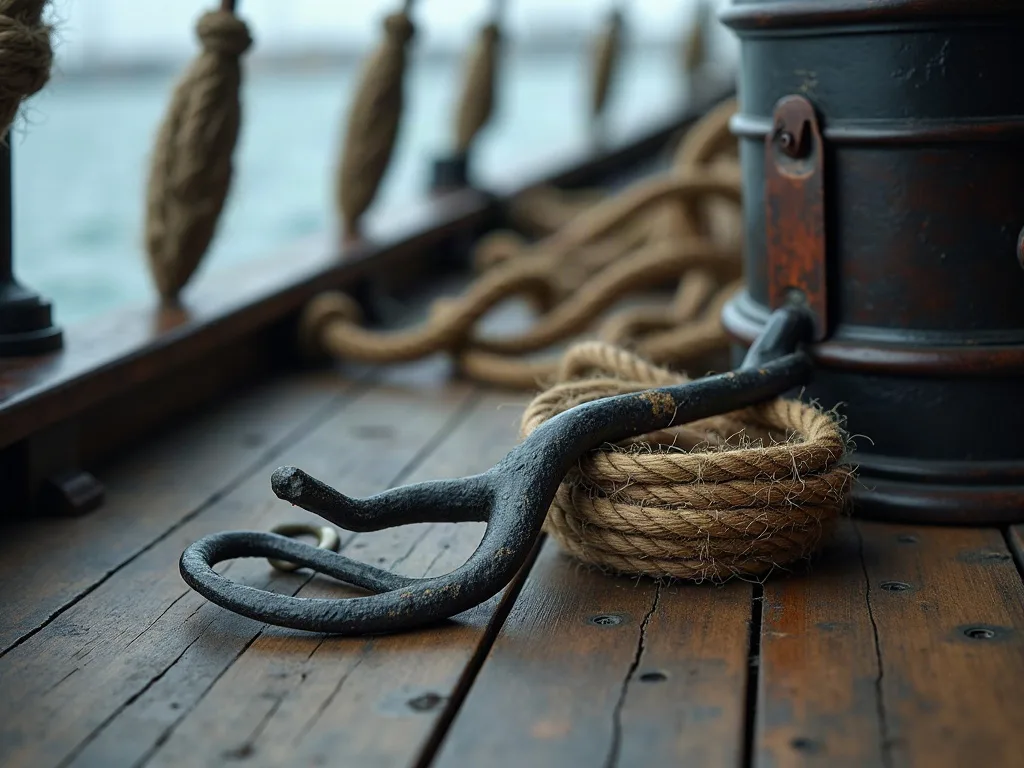 Grappin de fer posé sur les planches usées du pont, à côté d'un cordage de chanvre lové près du cabestan.