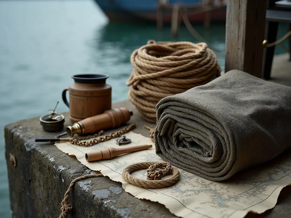 Sur le quai en béton, un cordage lové, une toile pliée, une longue-vue en bois et une carte marine près de l'eau.