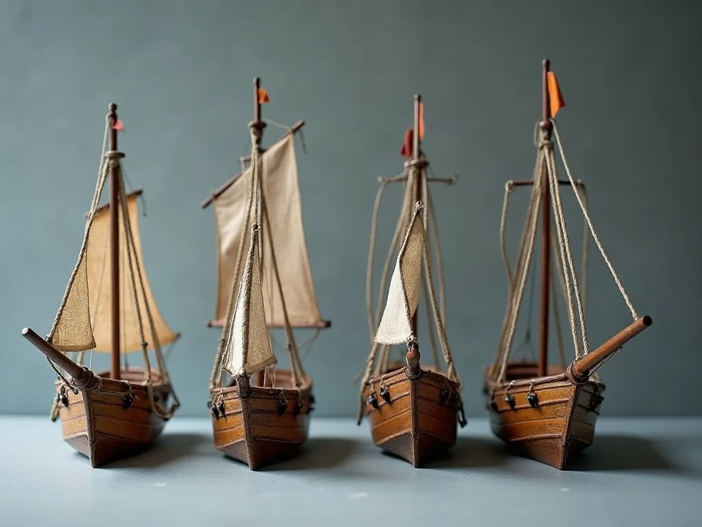 Quatre maquettes de voiliers en bois alignées, gréements et voiles de toile écrue comparés de face sur fond gris.