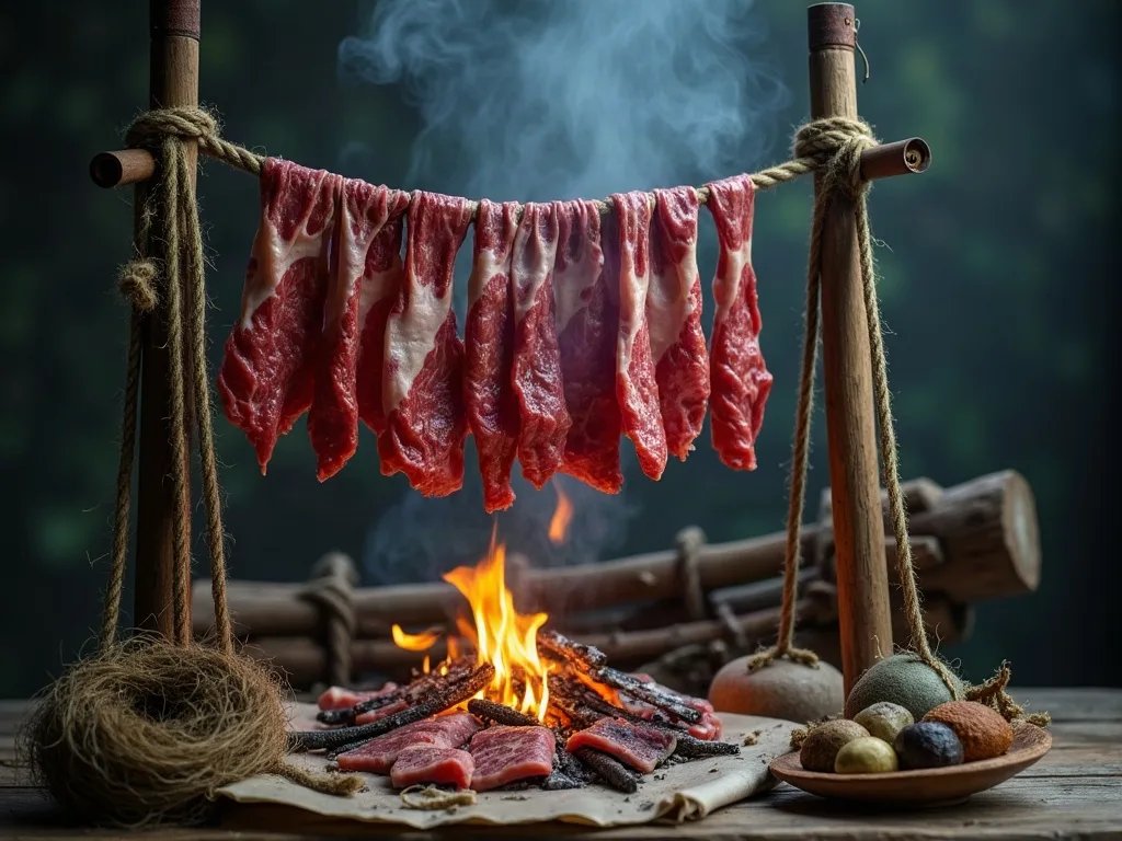Lanières de bœuf suspendues à une perche de cordage au-dessus d'un feu de branches fumant.