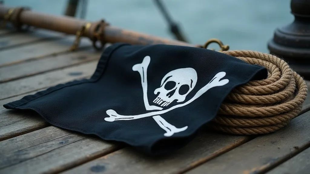 Pavillon noir à tête de mort posé sur un cordage lové, sur les planches usées d'un quai.