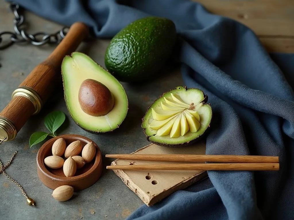 Avocat coupé en deux, noix dans un bol en bois et baguettes posées sur une pierre grise, près d'un lin bleu.
