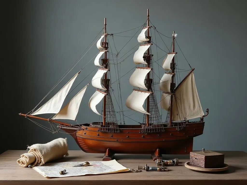 Maquette en bois d'une frégate à trois mâts, voilure en toile écrue et gréement fin, posée sur une table avec carte marine.
