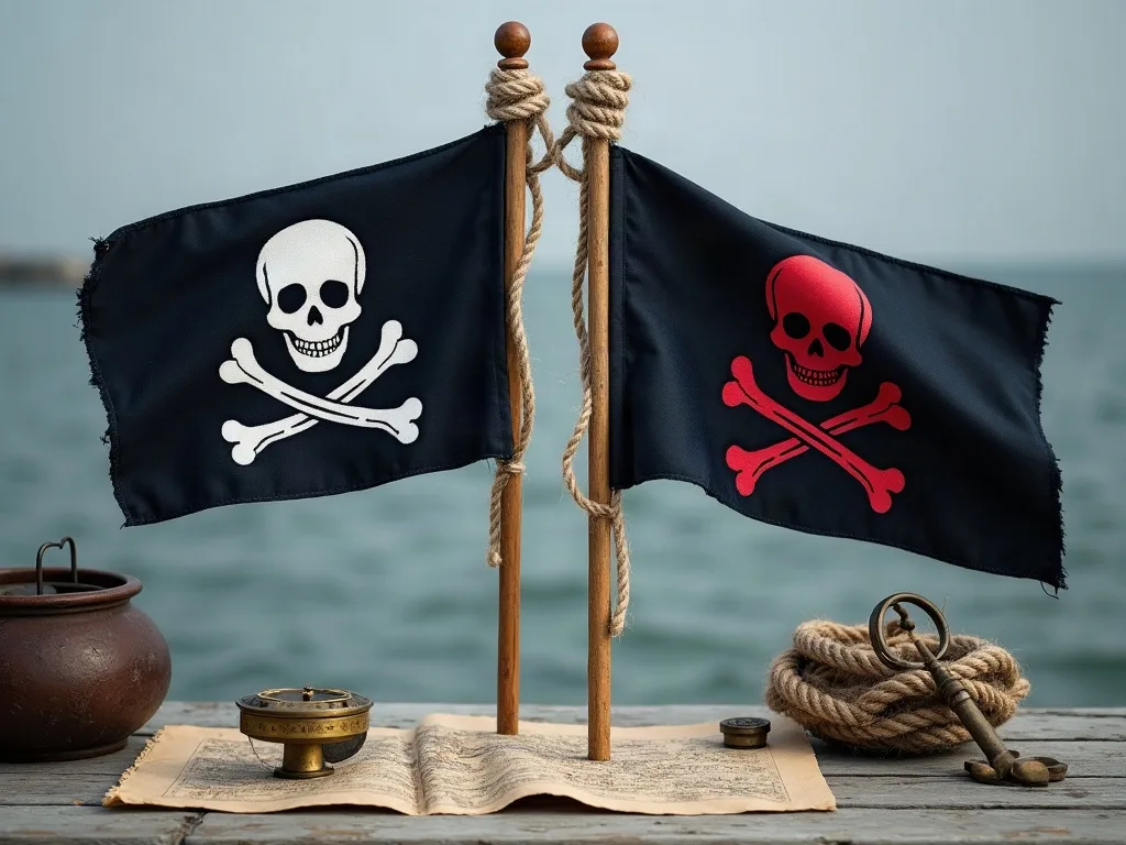 Deux pavillons noirs face à la mer, l'un au crâne et aux os blancs, l'autre en rouge, dressés sur un ponton avec carte et boussole.