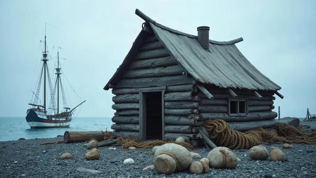 Cabane en rondins au toit affaissé sur une plage de galets, cordages entassés et voilier mouillant au large.