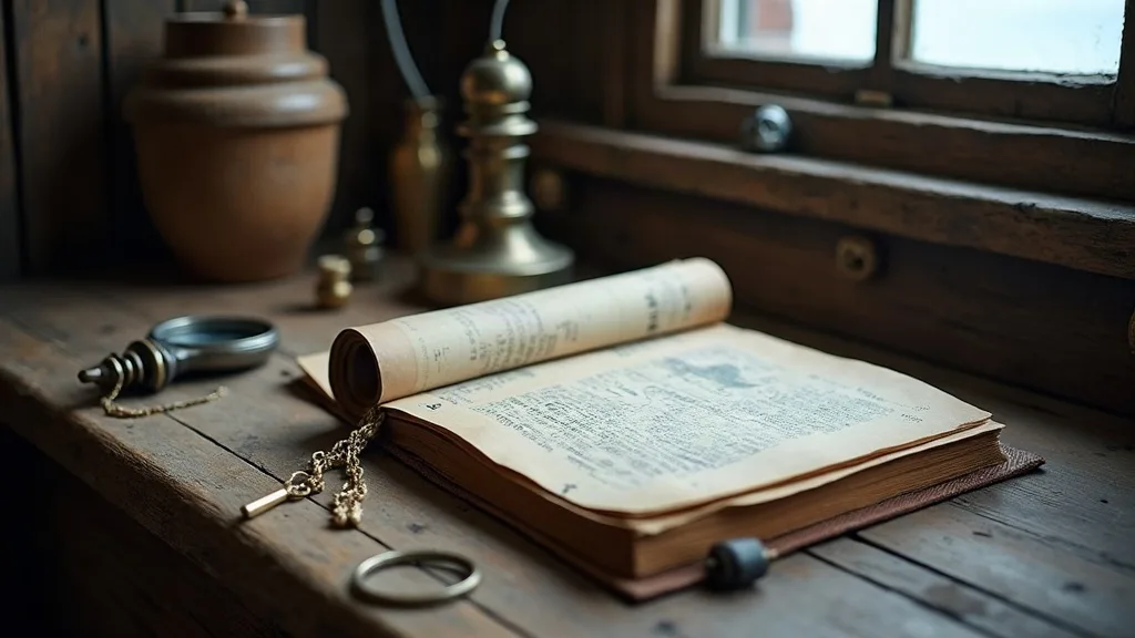 Registre ancien ouvert sur une table de bois patinée, près d'une loupe, d'une lampe en laiton et d'une chaînette, sous la lumière d'une fenêtre.