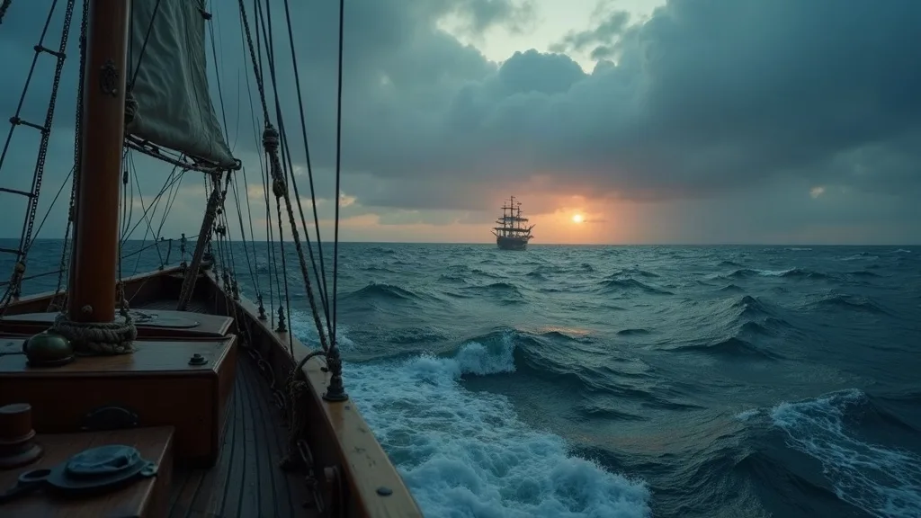 Vue depuis le pont d'un voilier sur une mer agitée au coucher de soleil, avec un navire à voiles visible à l'horizon.