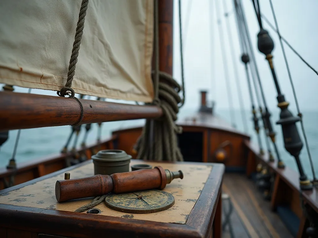 Vergue oblique de la voile au tiers, frappée au tiers avant, vue depuis le pont de bois où reposent longue-vue et compas.