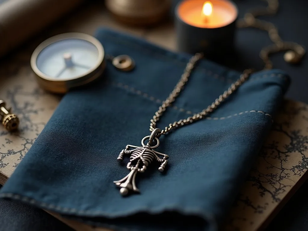Chaîne fine en métal argenté et pendentif squelette posés sur une pochette en toile bleue, près d'une boussole et d'une bougie allumée.