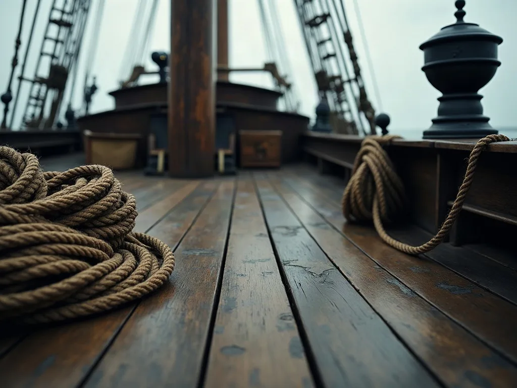 Cordages enroulés sur le pont en bois usé d'un voilier ancien, avec le gréement visible en arrière-plan.