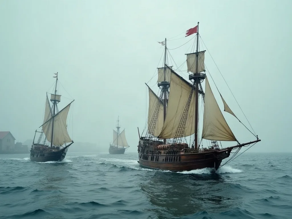 Trois voiliers en bois à voiles écrues quittent la côte dans une brume grise, mer courte et clapoteuse.