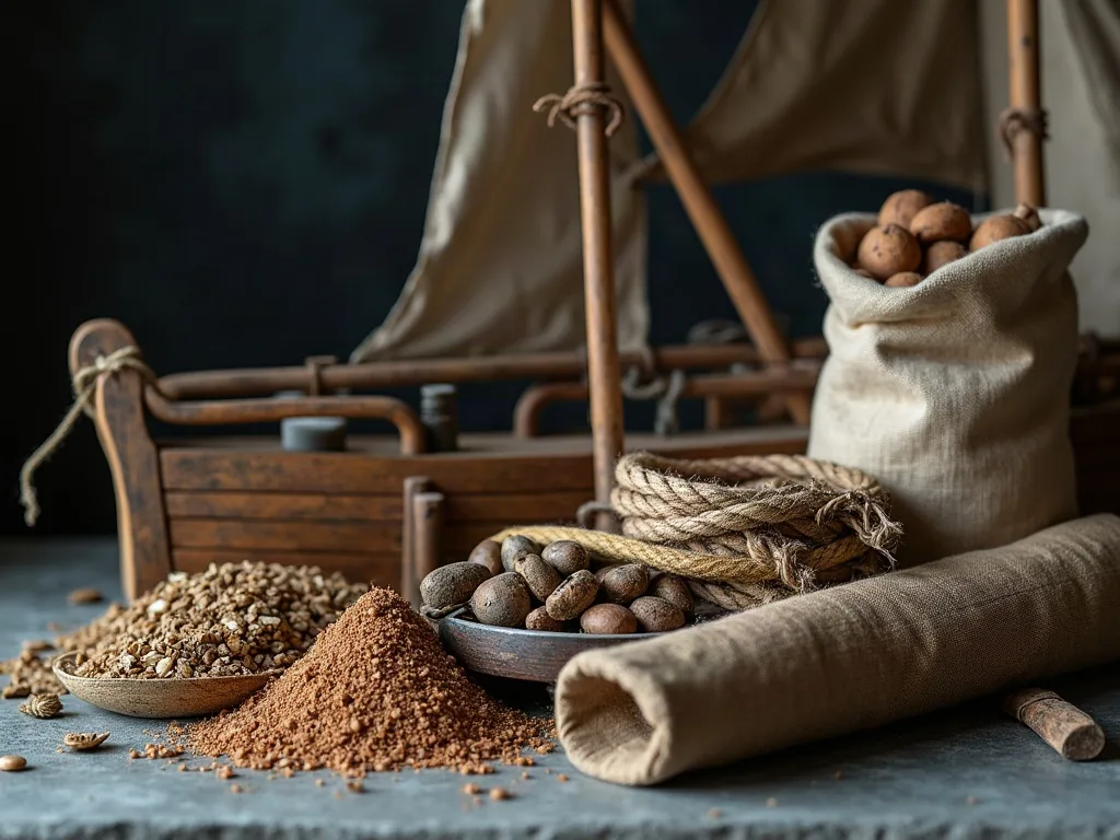 Sucre brun, cacao, peaux roulées et cordages devant une maquette de voilier: des cargaisons difficiles à diviser en parts égales.