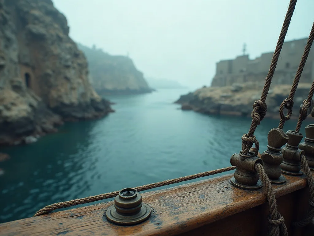 Cordages et poulies d'un navire face à une baie rocheuse fortifiée et ses eaux turquoise calmes.