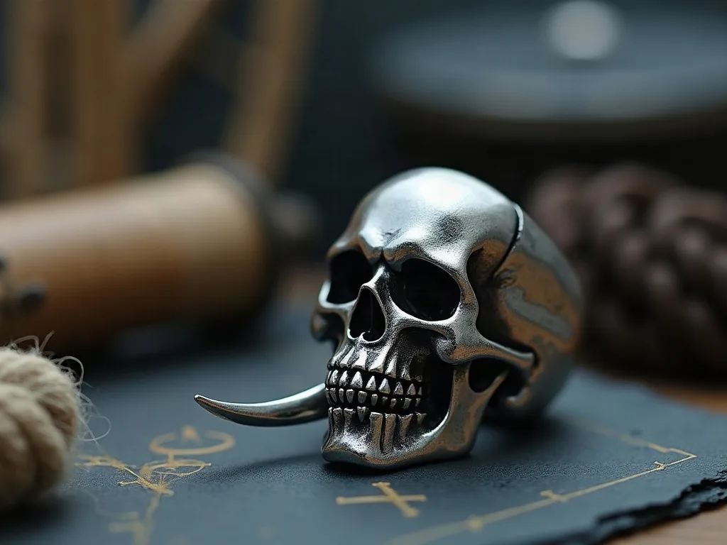 Bague en acier poli figurant un crâne mordant un sabre, posée sur une ardoise sombre aux motifs dorés.