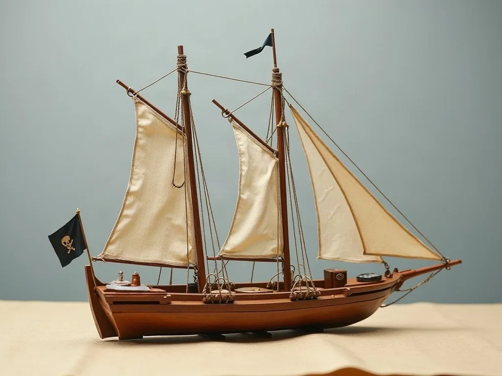 Maquette en bois d'un deux-mâts gréé de voiles claires, pavillon noir à tête de mort, posée sur une toile sable.