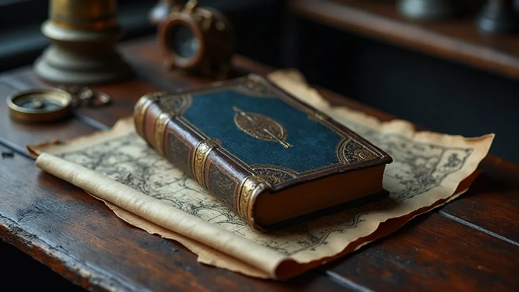 Volume relié en cuir et laiton, posé sur une carte ancienne froissée, sur une table de bois sombre.
