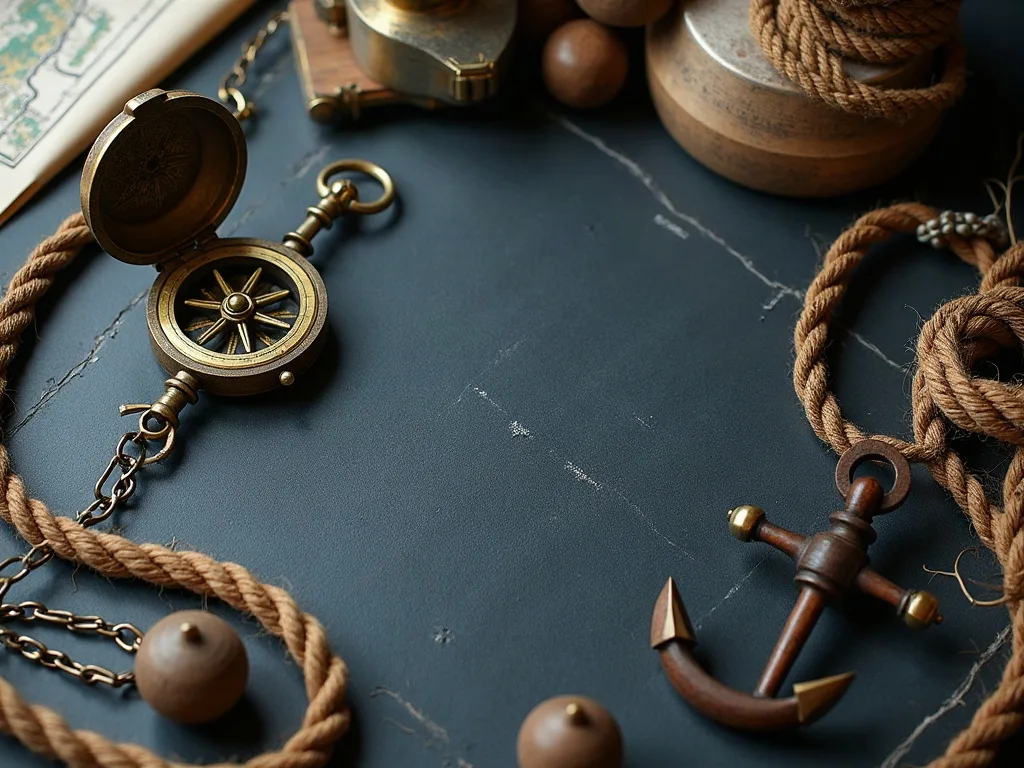 Boussole en laiton ouverte, ancre de fer et cordages tressés disposés sur une ardoise sombre.