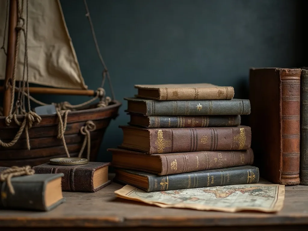Pile de reliures toilées défraîchies posée sur une table en bois, près d'une maquette de voilier et d'une carte ancienne.