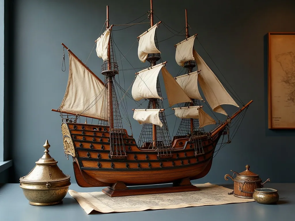 Maquette en bois d'un vaisseau à trois mâts, sabords alignés et poupe sculptée, posée sur une carte ancienne.